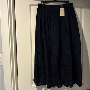 NWT Designer Women's Navy Midi Skirt w/bottom eyelets cut design -elastic waist